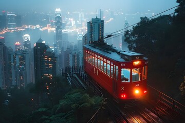 Scenic Night View of a Red Tram in Hong Kong with City Lights and Misty Skyline