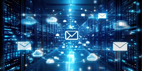 A digital landscape showcasing email communication through glowing servers, cloud icons, and network connectivity, symbolizing the modern digital communication era.