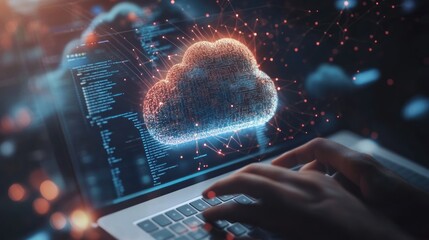 Digital cloud computing concept with data visualization on a laptop screen.
