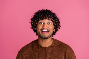 Photo of positive excited nice man wear trendy brown clothes isolated on pink color background