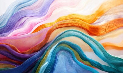 Colorful wave of threads flowing across a light background showcasing vibrant shades and textures for textile art enthusiasts