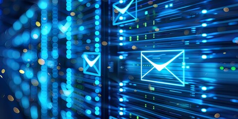 A digital representation of email communication, featuring glowing envelopes amidst a backdrop of blue data streams, symbolizing modern connectivity.