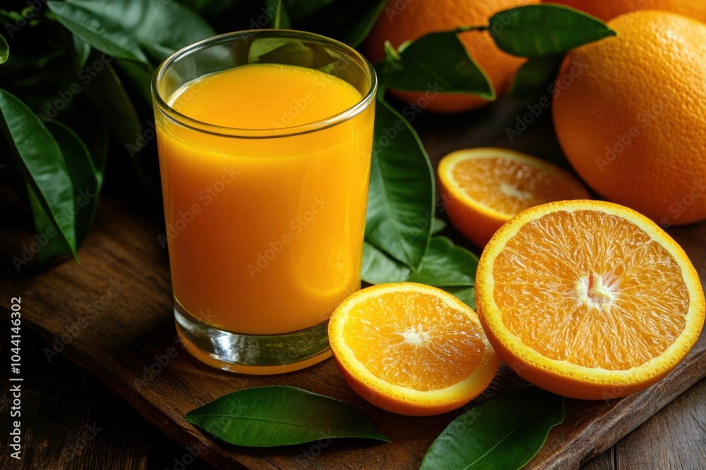 Poster a glass filled with bright orange juice is accompanied by fresh oranges and lush green leaves on a w