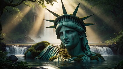 Ancient Statue in Lush Waterfall Forest