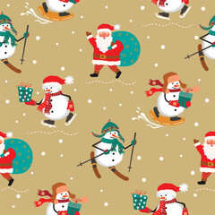 Funny seamless pattern with snowmen and Santa Claus.Christmas background with cute characters skating, skiing and snowboarding,with gifts and wearing winter accessories.Vector flat color designs set.