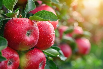 Freshly picked red apples glistening with raindrops in an orchard setting capturing the essence of nature's bounty