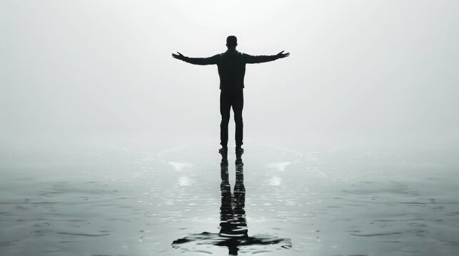 Silhouette of a man with arms outstretched, standing in a foggy landscape, symbolizing belief in oneself.