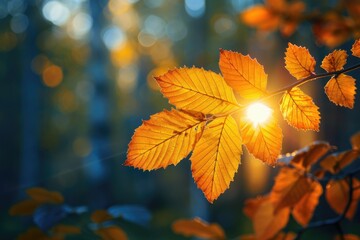 Fototapeta premium Captivating autumn glow a close-up of sunlit leaves in a forest setting highlighting nature's beauty and change