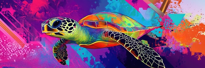 Fototapeta premium A playful Pop art style turtle swimming through a sea of geometric patterns and neon colors
