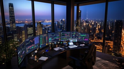 A high-rise office with a panoramic city view at dusk, featuring a curved desk with multiple computer monitors displaying data.