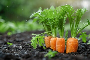 Vibrant carrots growing in soil with raindrops a close-up of nature's fresh produce in the garden