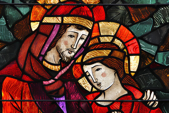 Stylized nativity scene in vibrant stained glass with Holy Family of Bethlehem
