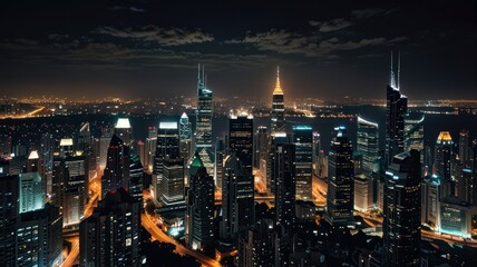 Naklejka premium A panoramic night view of a modern city skyline with tall skyscrapers illuminated by lights.