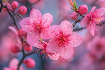 Obraz premium Exploring the beauty of cherry blossoms a delicate dance of nature's pink blooms in springtime serenity