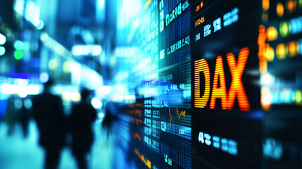 Gelbe Leuchtreklame DAX - B&ouml;rsenhandel in Deutschland, Darstellung DAX Aktienmarkt auf gro&szlig;em Monitor, B&ouml;rsenhandel der gr&ouml;&szlig;ten deutschen Unternehmen