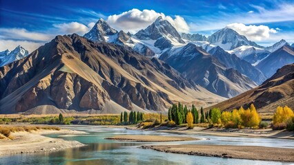 Scenic view of Himalayan peaks reflected in water near Shyok River in Ladakh, India