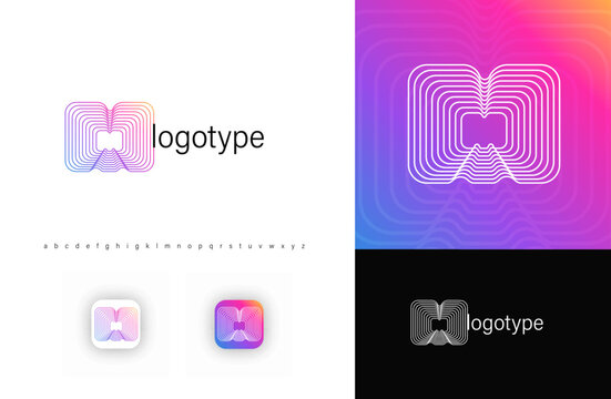 Blending lines in letter M, rounded geometric stripes logo for tech identity, branding, creative posters. Vector logotype.