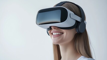 Fototapeta premium Smiling woman wearing a VR headset and headphones.