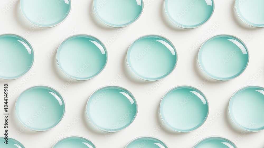 Poster multiple transparent blue spheres on a white surface, showcasing symmetry, clarity, and a modern min