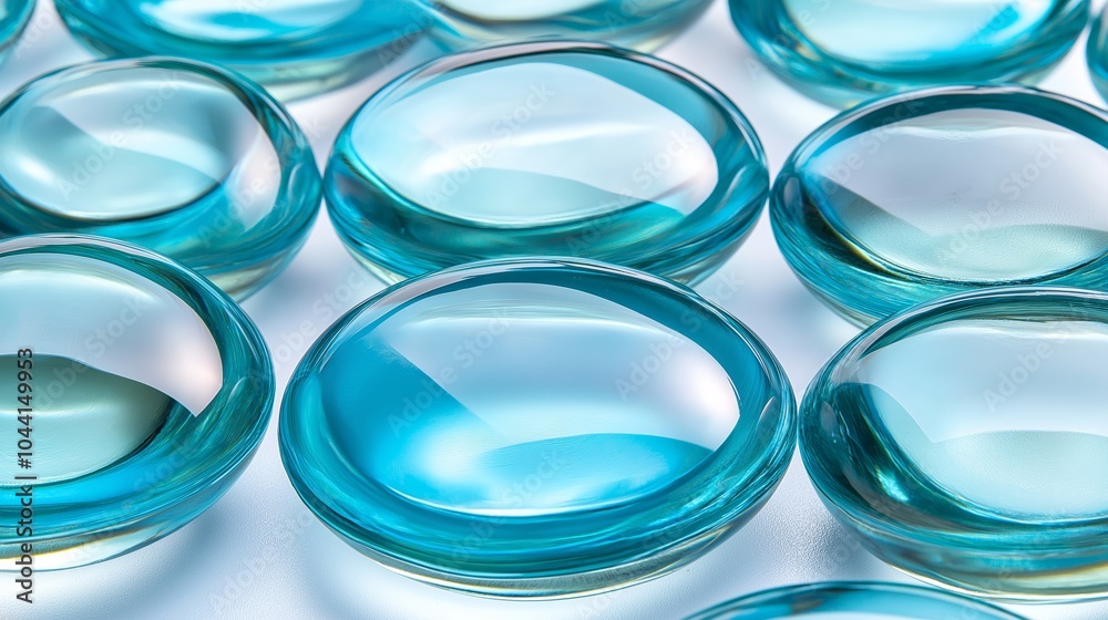 Poster multiple transparent blue spheres on a white surface, showcasing symmetry, clarity, and a modern min