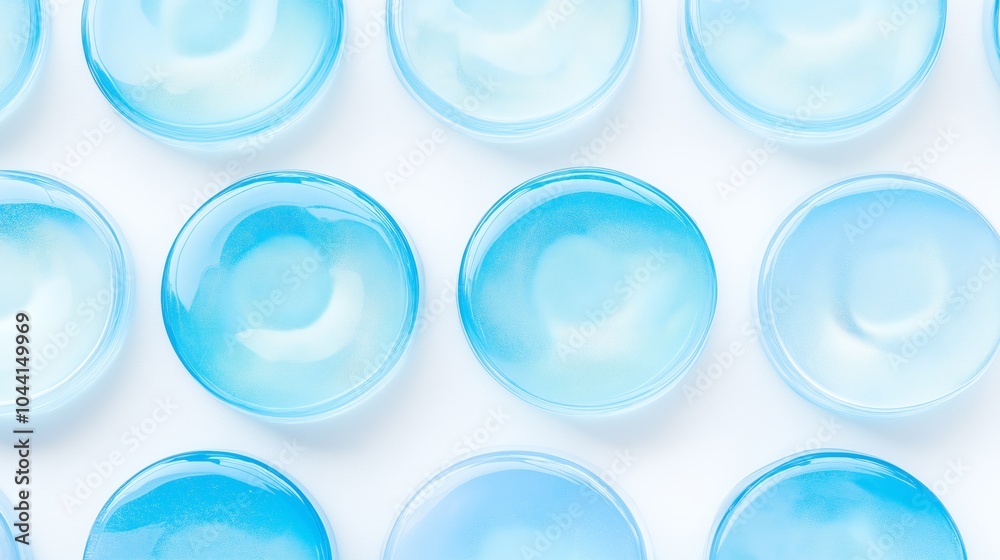 Poster multiple transparent blue spheres on a white surface, showcasing symmetry, clarity, and a modern min