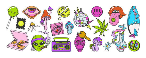 Retro rave vibe, psychedelics trippy stickers, mushrooms, groovy, synthwave, retrowave from 70s, 80s, 90s. Cartoon rave elements, trippy drugs, hallucination, acid, party, crazy retro elements. Vector