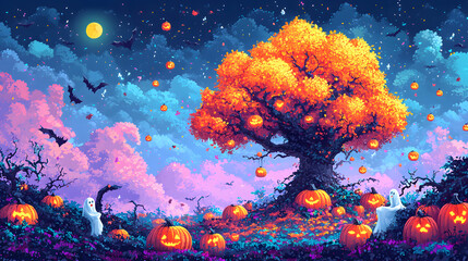 A Playful Isometric Illustration of a Spooky Leafless Halloween Tree Surrounded by Colorful Pumpkins in Cartoon Style