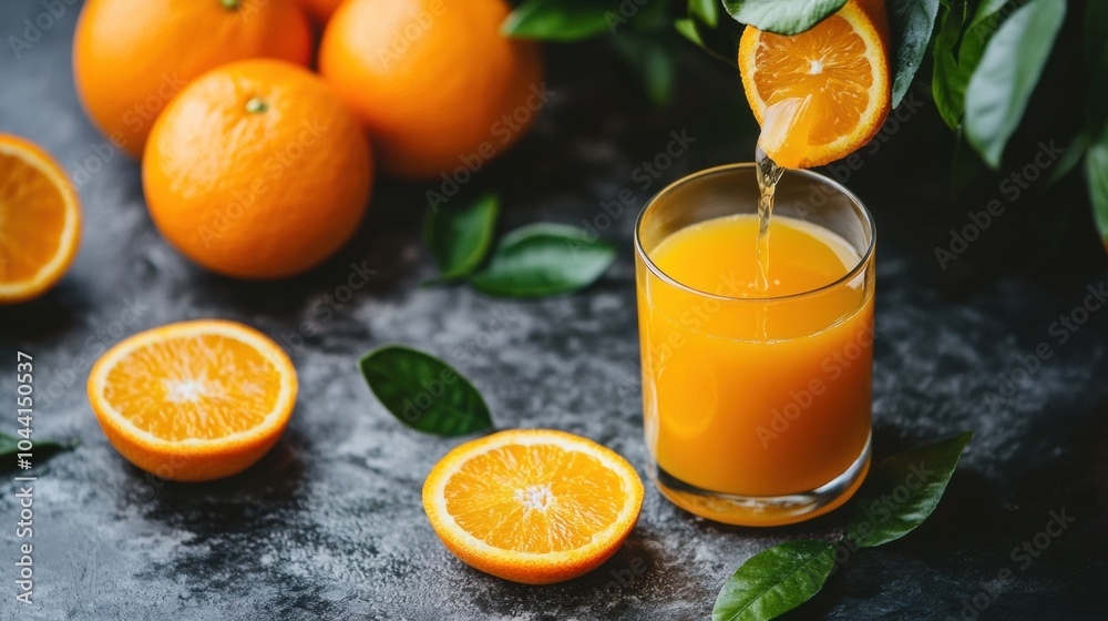 Poster fresh orange juice is poured into a glass alongside vibrant oranges and green leaves, creating a liv