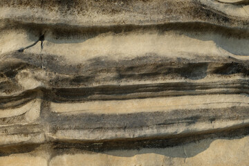 The abstract shapes, patterns and textures of the limestone surface appear to be layered.Natural pattern and texture background. Copy space.Limestone wall on the edge of the lake. For graphic design 