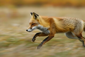 Fototapeta premium A Graceful Red Fox in Motion Across a Blurred Landscape