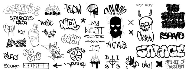 Street culture lettering, graffiti, tags with spray effect. Black and white graffiti, urban calligraphy, gang tags, symbols, signs with spray effect. Vector street underground, hip hop culture graphic