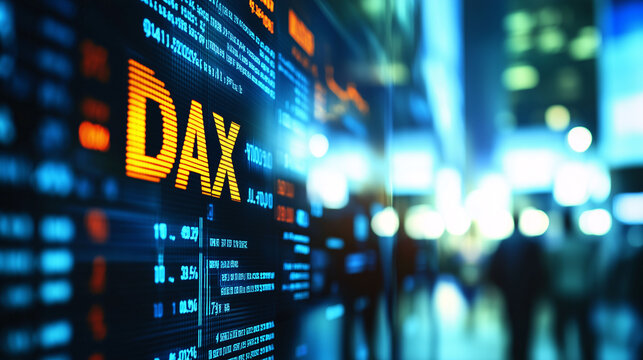 Gelbe Leuchtreklame DAX - B&ouml;rsenhandel in Deutschland, Darstellung DAX Aktienmarkt auf gro&szlig;em Monitor, B&ouml;rsenhandel der gr&ouml;&szlig;ten deutschen Unternehmen