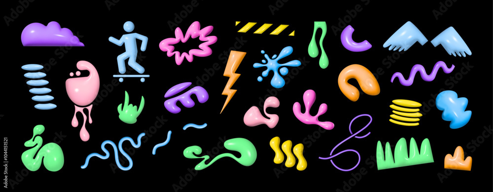 Poster Quirky and fun 3D shapes, geometric shapes, with a psychedelic twist. Groovy and funky elements, retro graphic 3D set. Various bright shapes for bold design. Plastic realistic figures. Vector elements
