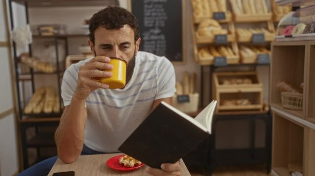 Young man reading a book while drinking coffee in a cozy bakery setting with shelves of bread in the background