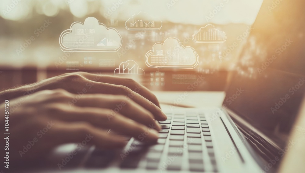 Poster a person typing on their laptop with icons of cloud technology and data floating above the keyboard 
