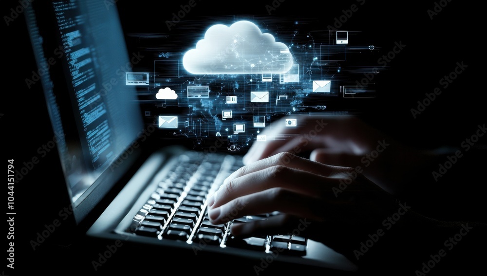 Poster close-up of hands typing on a keyboard with a cloud technology icon and data flow diagram floating a