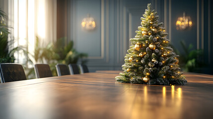 Magnificent Christmas Tree on a Stylish Conference Table Highlighting Realistic Office Furniture in Stunning 3D Rendering