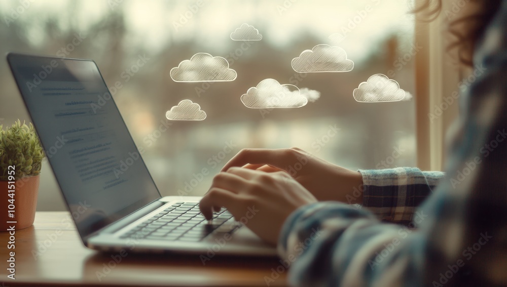 Poster a person typing on their laptop with cloud technology icons floating above, representing the use of 