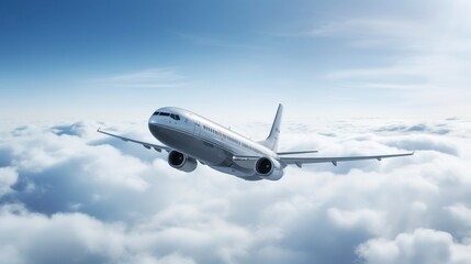 Obraz premium Commercial airplane flying above clouds in the blue sky.