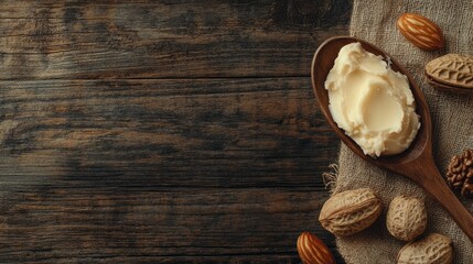 Spoonful of shea butter with nuts on a wooden surface.
