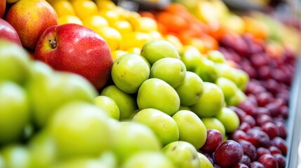Colorful selection of fresh fruits displayed in a market showcasing apples, lemons, grapes, and other varieties in vibrant hues
