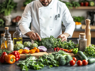 Ein Koch bereitet in der Küche frische und gesunde Speisen vor, Vegetarische Küche im vegetarischen Restaurant