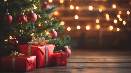 Decorated Christmas tree with red ornaments and wrapped gifts on a wooden floor illuminated by warm lights during the holiday season