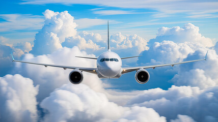 Fototapeta premium A white passenger airplane flies through a blue sky with fluffy white clouds. The aircrafts front is in focus, with the nose and cockpit visible. 