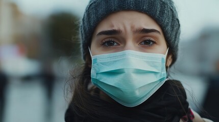 Anxious American woman in a mask is scared about the widespread illness and is being paranoid about the pandemic.