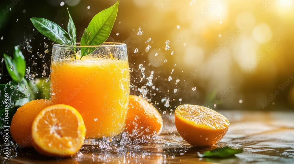 Aufkleber A glass of refreshing orange juice sits surrounded by fresh oranges, with sunlight filtering through, creating a vibrant and inviting atmosphere. Generative AI