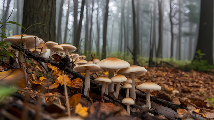 Obraz premium Mushrooms growing on a forest floor covered with leaves, surrounded by misty trees in a serene natural setting.