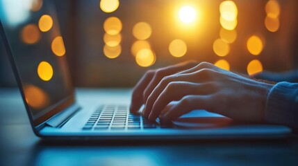 A person types on a laptop in a cozy setting illuminated by warm, glowing lights during the evening hours of a comfortable day