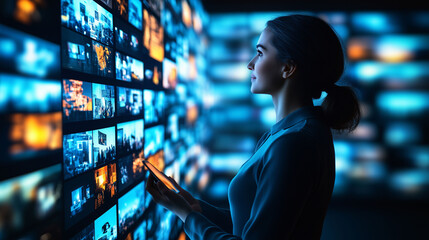Medienkäuferin bei der Arbeit, Berater durchsuchen Mediatheken nach gewinnbringender Werbung an einer Videowand, Onlinewerbung, Over-the-top media services, Fernsehwerbung, Werbeclips 