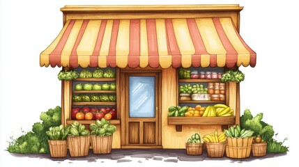 A colorful produce market with fresh fruits and vegetables in baskets located in a quaint neighborhood setting during the day